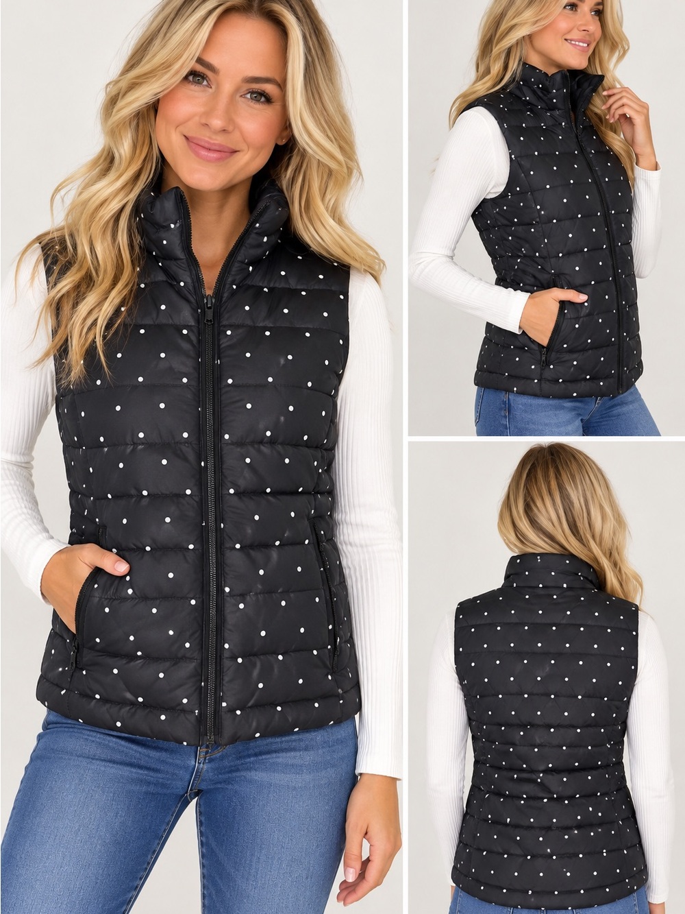 Colebrook Black Polka Dot Quilted Puffer Vest Full Zip